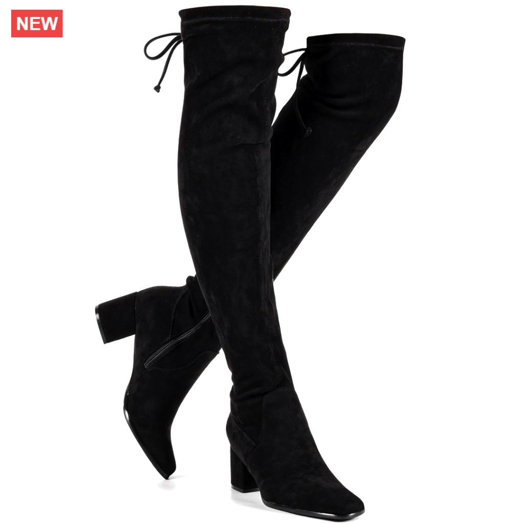 Square Toe Thigh High Boots, 2.5-Inch Block Heel, Suede Over Knee With Side